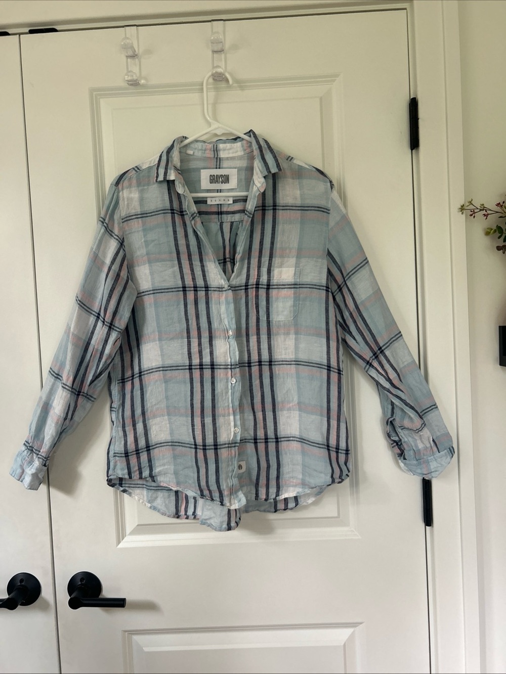 GRAYSON by Frank & Eileen sz 3 M THE HERO Button Up Shirt Linen Pink Blue Plaid